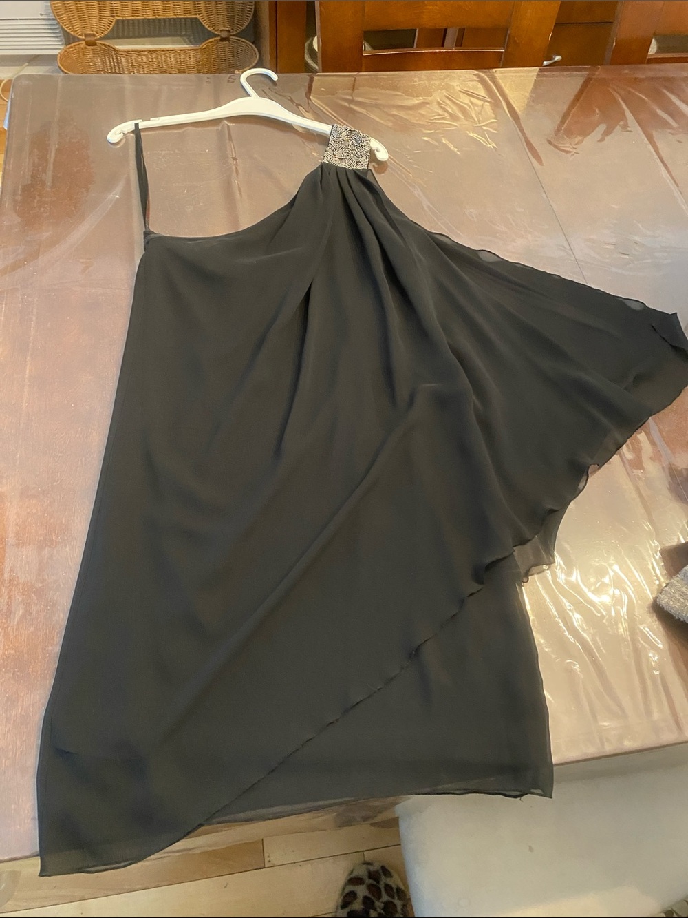 Calvin Klein Black One-Shoulder Chiffon Dress with Beaded Strap